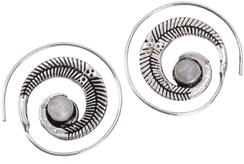 Tribalohrringe aus Messing, Ethnoohrringe, Spirale, silber/Mondstein