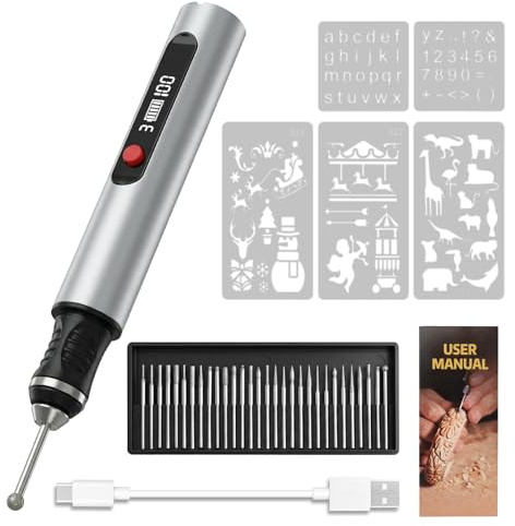 Pino de Grabado Eléctrico con 30 Bits, Mini Bolígrafo Grabador Eléctrico | Regulador de 3 Velocidades Hasta 25.000 U/min, USB Carga, para Joyería, Metal, Madera, Vidrio, Plástico, para Bricolaje