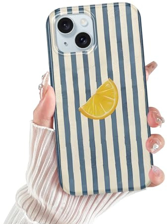 Xylota Gestreift Handyhülle für iPhone 15 Hülle, Sommer Striped Streifen Muster Zitrone Aesthetic Bunt Motiv Niedlich Case, Weich Silikon Dünn TPU Stoßfeste Schutzhülle iPhone 15, Blau Stripes