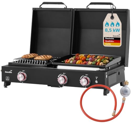 Skandika Eldur Plus - Piastra grill a 3 bruciatori con coperchio, 3 bruciatori, barbecue a gas portatile con piastra di cottura, per esterni, campeggio, piastra a gas, griglia a gas, barbecue da