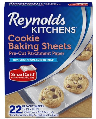 Reynolds Kitchens Cookie Baking Sheets, Pre-Cut Baking Parchment Paper Sheets for Cookies, Oven-Safe up to 425 Degrees, Reusable Up to 3X, No-Mess Cleanup, 12 in x 16 in, 22 Count