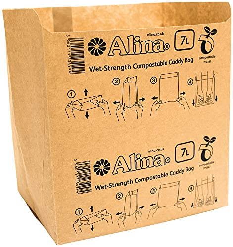 Alina 150 x 6L to 8L Compostable Paper Caddy Bin Bag/Food Waste Bin Liner/Biodegradable Brown 7 Litre Paper Sack (150 bags)