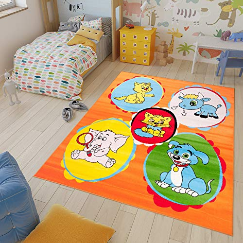 TAPISO Kinder Teppich Kurzflor Kinderteppich Katze Hund Elefant Tiere Muster Orange Bunt Designer Kinderzimmer ÖKOTEX 80 x 150 cm