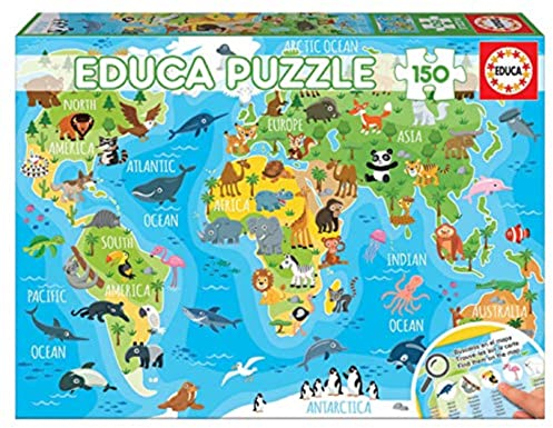 Educa - World Map Animals Puzzle with 150 Pieces composed of Large Pieces Perfectly Finished to Make it Simple and Safe to Handle. Recommended from 6 years (18115)