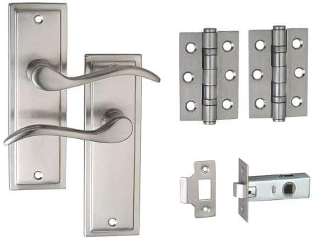 Designer Levers - Berkeley Modern Design Lever Door Handle - 64mm Tubular Latch and 76mm Ball Bearing Hinges Included - Satin Nickel - Interior Use