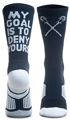 ChalkTalkSPORTS Lacrosse Socks - Performance Socks for Lacrosse Players - My Goal Is To Deny Yours - Navy Blue - Adult