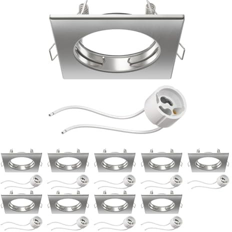 ledscom.de 10 Stück Deckeneinbaurahmen RIR Einbaurahmen chrom matt eckig (LED/Halogen/GU10/MR16/PAR16/50mm) inkl. GU10 Fassung