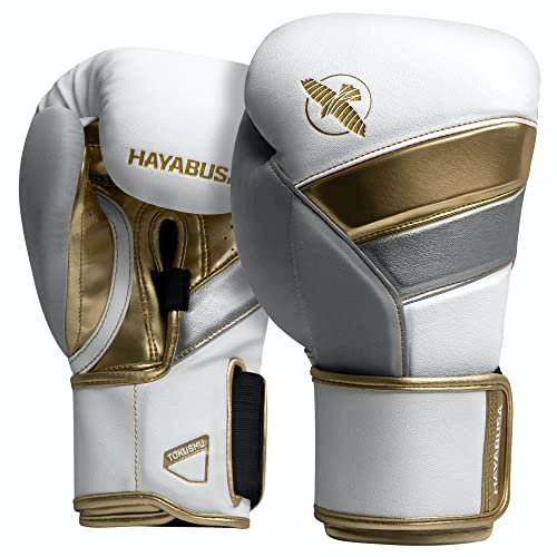 Hayabusa T3 Guantes de Boxeo para Hombres y Mujeres, protección de muñecas y Nudillos, Cierre de Gancho y Bucle Dual-X, Soporte de muñeca férula, Acolchado de Espuma de 5 Capas - Blanco/Dorado, 16 oz