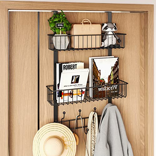 HapiRm Over Door Hook, Door Hanger with 2 Baskets and 9 Hooks for Bathroom, Bedroom, Kitchen, Back of Door Hooks for Coat Hat Towel, No Need Screws Coat Hook, Black