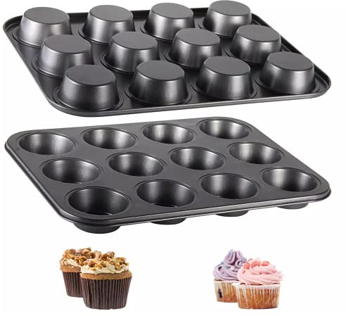 Muffin Pudding Tray 12 Cups Yorkshire Tins Non - Stick Deep Premium Coated Carbon Steel Dark Grey for Muffin Cupcakes | 35 x 26 x 3 Cm |