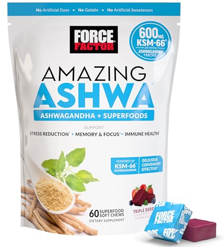 Force Factor Amazing Ashwa for Stress Relief, Memory, Focus, and Immune Support Health, Ashwaganda Supplement with KSM-66 Ashwagandha for Stress, 60 Soft Chews