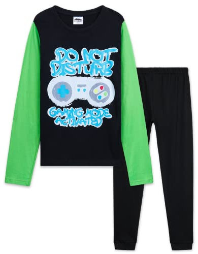 CityComfort Pyjama Garçon Gaming, Ensemble Pyjama Enfant et Ado Long, Thème Jeu Vidéo pour Nuit ou Détente, Cadeau Gamer (15 Ans, Noir/Vert Gaming)