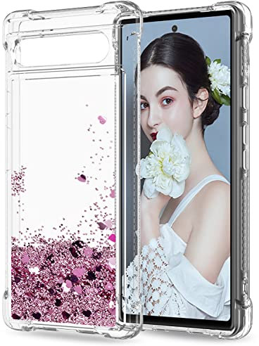 LeYi Glitter Quicksand Case Google Pixel 6A,Women Sparkly Liquid Glitter Crystal Clear Cute Soft TPU+PC[Shockproof Airbags in 4 Corners] Girly Protective Phone Cover for Google Pixel 6A Rose Gold