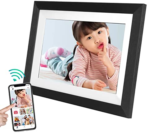 Digitaler 10,1-Zoll-WLAN-Bilderrahmen, 1280 X 800 IPS HD-Touchscreen, Smart Cloud, Digitaler Bilderrahmen mit 12 GB Speicher, Automatische Drehung, Teilen von Momenten über die(Schwarzes Holz)