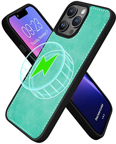 CASEOWL Luxury Vegan Leather Case Compatible with iPhone 13 Pro Max, Magnetic Detachable, Slim, Protective TPU Case for iPhone 13 Pro Max [Support Magsafe Charger], Mint Green