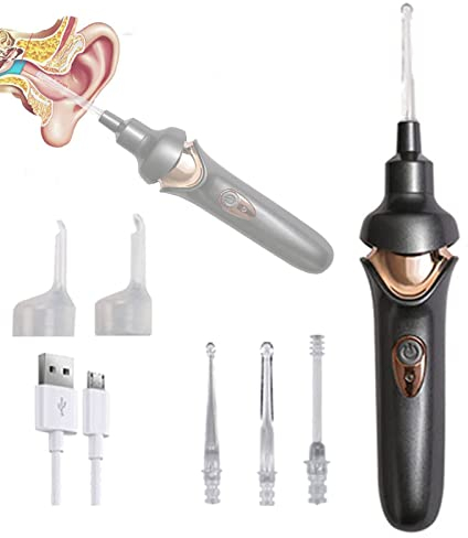 Aspirador Eléctrico De Succión De Oídos, Recogedor De Oídos Eléctrico De Cabeza Blanda con Luz, Limpiador De Cerumen para Adultos Y Niños,Negro
