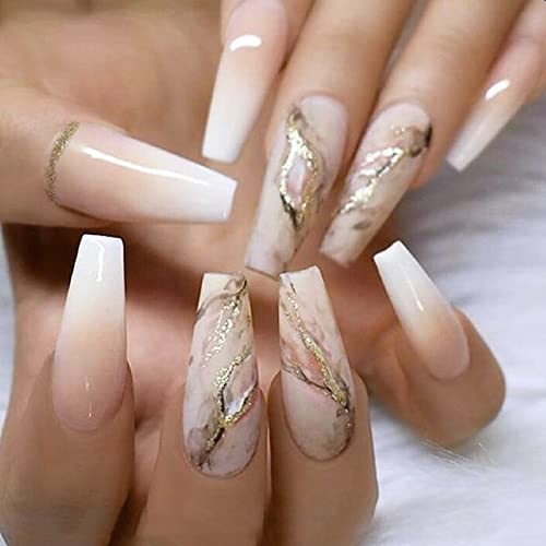 JUSTOTRY 24 Pièces Marble Faux Ongles Long, Gold Swirl French Press on Nails, Pretty Coffin Faux Ongle avec Colle Pour Femme et Fille, Ballerine Faux Ongles à Coller Moyen Nail Art