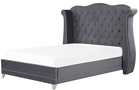 Bett Samtstoff im Chesterfield Stil hohes Kopfteil grau 140 x 200 cm Ayette