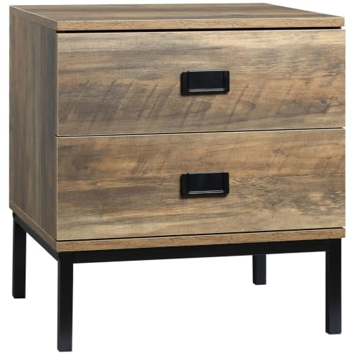HOMCOM Retro Bedside Table, End Side Table with 2 Drawers, Metal Frame | Bedroom, Living Room, Coffee
