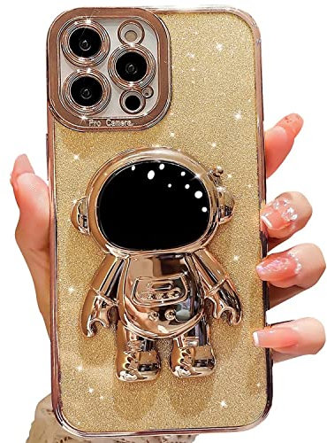 Yepda Designed for iPhone 11 Pro Max Glitter Case Luxury Plating Astronaut Hidden Stand Case, Cute 3D Kickstand, Bling Slim Thin Shockproof for Women Girls Protective Clear Phone Cover Case, Gold