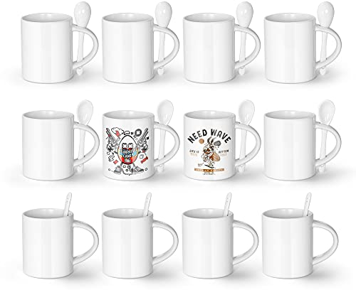 AGH Sublimations-Kaffeetassen, blanko, 325 ml, weiße gerade Keramikbecher mit weißer Innenseite, Griff, Löffel, Großpackung mit 12 Stück