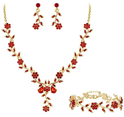 Clearine Damen Hochzeit Schmuck Set für Party Prom Blatt Cluster Blume Kristall Anhänger Halskette baumeln Ohrringe und Armband für Rubin Rot Gold Ton
