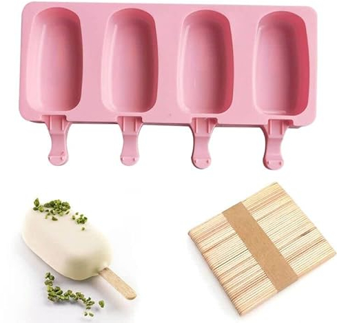 Moule à Glace Silicone - Ice Cream Maker avec 4 Cavités et 50 Bâtons, Popsicle Sucette (Rose)