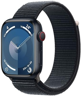 Apple Watch Series 9 [GPS + Cellular 45mm] Smartwatch with Midnight Aluminum Case with Midnight Sport Loop One Size. Fitness Tracker, Blood Oxygen & ECG Apps, Always-On Retina Display, Water Resistant