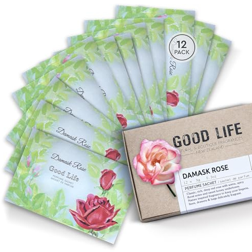 Good Life Duftsäckchen für Kleiderschrank, Damaszener Rose, 12 Stück | Duftnote Damaszener Rose, in Neuseeland entwickelt; 12 Sachets für Kleiderschrank, Schubladen, Koffer und Schuhschrank.