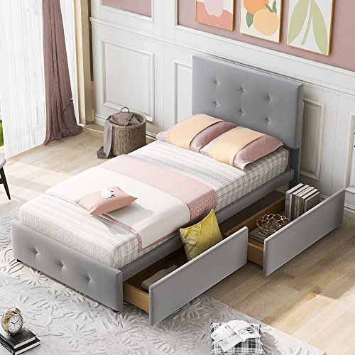Oyemige Polsterbett 90 x 200 cm mit Lattenrost, Rückenlehne und Zwei Schubladen, hautfreundlicher Samtstoff Bett Einzelbett Kinderbett, Jugendbett Gästebett (Ohne Matratze) (Grau1)