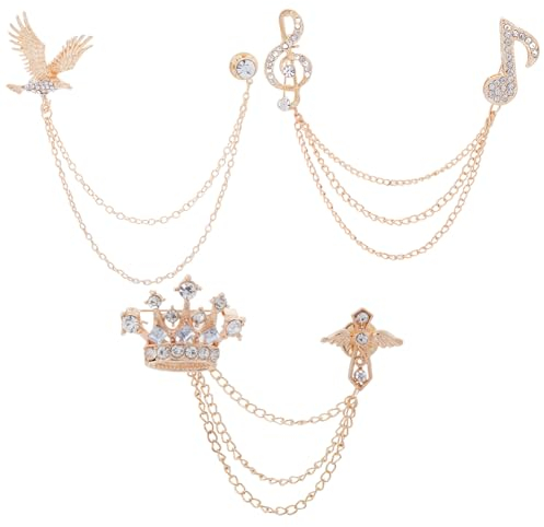 GORGECRAFT 3 pièces 3 styles de Broche à Longue Chaîne en Forme de Couronne en Strass Broche à Pompon en Or et Argent Épingles à Note de Musique en Cristal Épingles de Collier pour Collier de Chemise