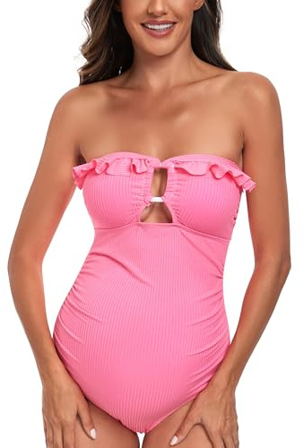 EastElegant - Costume da bagno intero premaman con volant, a costine, con scollo a rettangolo, collegato, da indossare in gravidanza, Rosa, XX-Large