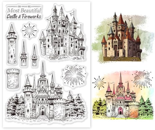 GLOBLELAND Castle Clear Stamps Feuerwerk, transparenter Stempel, Retro-Schloss, flache Segen, Worte, Silikonstempel, Siegel für DIY, Scrapbooking, Fotoalbum, dekorative Karten, 16 x 10,9 cm