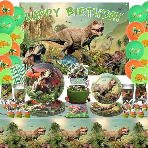 Obussgar Dinosaurier Geburtstag Party Dekorationen - Dinosaurier Party Zubehör einschließlich Kulisse, Kuchen Topper, Teller, Tassen, Servietten, Tischdecken, Luftballons- für 20 Gäste (Kulisse)