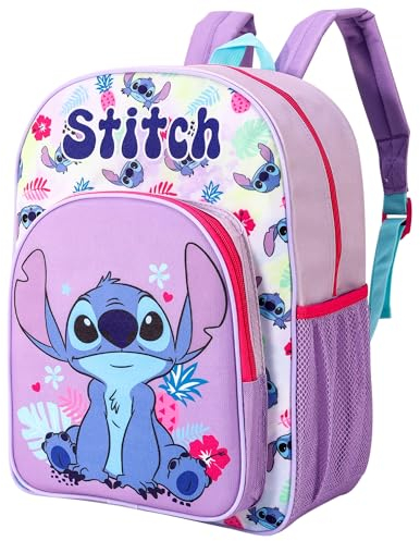 Disney Stitch Kids - Mochila escolar para niños y niñas, con bolsillo lateral de malla y bolsillo frontal con cremallera, multicolor, 36.7cm (height), 26cm (width), 16cm (depth)