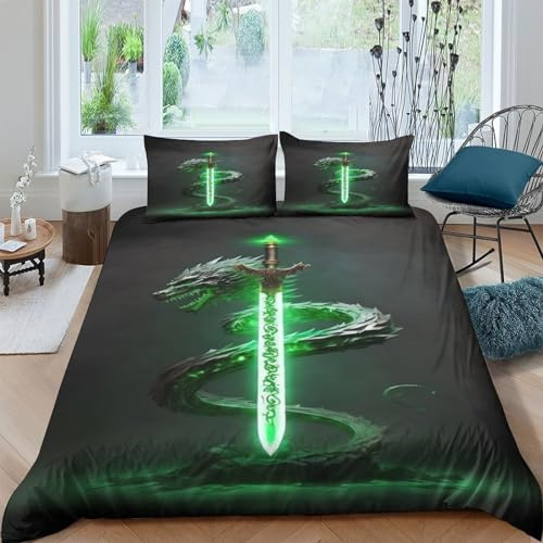 AAHARYA Drachenschwert Bettwäsche Microfaser 3D-Druck Bettbezug Set Teilig Set Green Lightsaber Bettwäsche Set Flauschige Bettbezug Mit Reißverschluss Und Kissenbezüge Double（200x200cm）