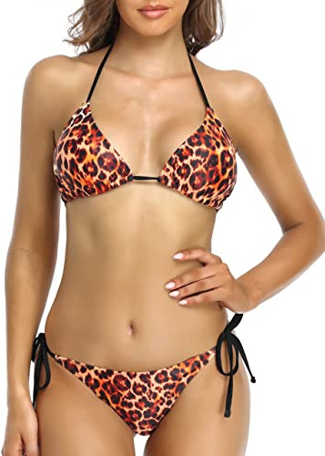 SHEKINI Ensemble bikini 2 pièces pour femme, triangle classique dos nu, haut de bikini réglable, maillot de bain brésilien, taille basse, tanga, maillot de bain deux pièces, léopard, XL