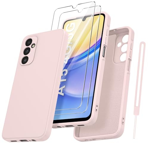 Qasyfanc Handyhülle für Samsung Galaxy A15 4G/5G Hülle mit 2 Stück Schutzfolie, Soft TPU Silikon Case Ultra Dünn Microfiber Kameraschutz Anti-Kratzer Hülle für Samsung Galaxy A15 - Rosa
