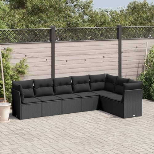 QJBSAVVA 7-TLG. Garten-Sofagarnitur, Garten Essgruppe Sitzlounge Garten Eckbankgruppe Gartensofa Geeignet für Balkon Garten Wenig Platz Außen mit Kissen Schwarz Poly Rattan