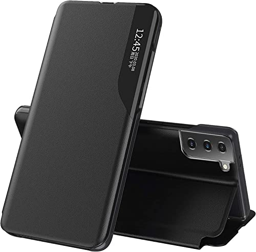 Handyhülle für Samsung Galaxy S21 FE Hülle Clear View Klappbar Leder Flip Case Galaxy S21 FE Cover mit Ständer 360 Stoßfest Und Kratzfest Klapphülle für Samsung S21 FE 5G Schutzhülle (Schwarz)