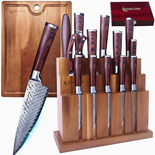ChefHoablorn Juego de Cuchillos de Damasco 15PCS Juego de Cuchillos de Cocina con Cuchillo de Acero Inoxidable Premium Chef's Lock, Cuchillo de Cocina Japonés, con Tabla de Cortar Exrtra Juego de Saca