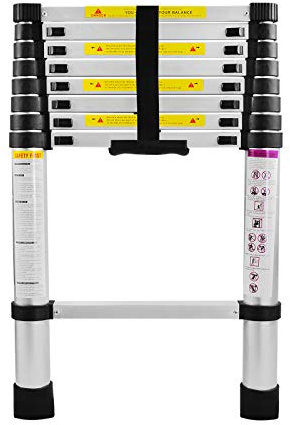 FIVMEN Scala telescopica da 2,6 m, in alluminio, allungabile, con 9 pioli, in alluminio, allungabile, per soffitti e magazzini, capacità di carico 150 kg, colore: argento