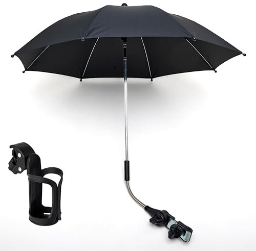 Sombrilla + Portavasos Universal, Parasol Carrito Bebé, Paraguas Flexible con Protección Solar UV 50+, soporte para bebidas cochecito y bicicleta niño niña