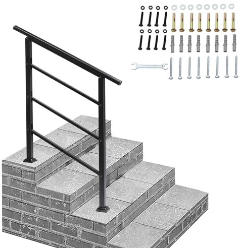 Adjustable Outdoor Handrails for 1 to 3 Steps Stairs, Wrought Iron Hand Rails Stairs for Cross Bar Stairs Hand Rails Outside Steps Black Railing