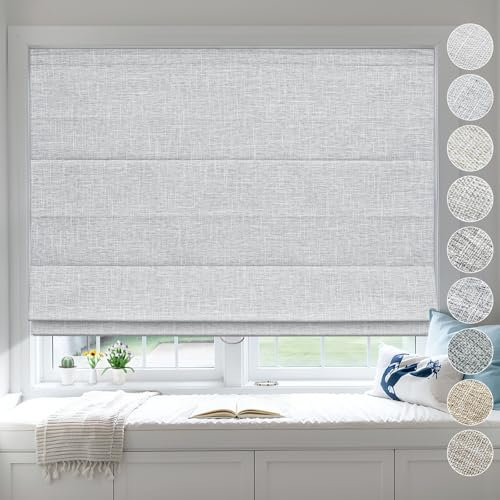 Moonice Cordless Roman Blinds Blackout Linen Roman Shades Waterproof Fabric Shades for Indoor Windows Thermal Insulated Window Blinds for Bedroom Home Office Fog, Custom Size