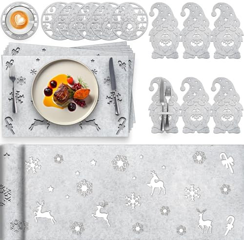 Kazaigou 19 Stück Platzset Weihnachten Weihnachts Tischset Weihnachtsdeko 2024 Tisch, Tischsets Weihnachten Tischdeko Filz Weihnachten Tisch Tischläufer Untersetzer Bestecktasche für Weihnachten