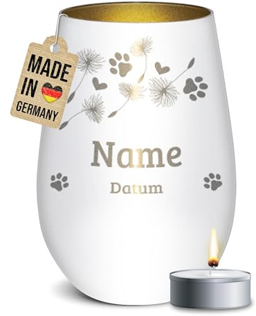 PR Print Royal Trauer Windlicht mit Gravur für Tiere - Pusteblume - mit Name & Datum - Erinnerungslicht, Gedenklicht, Trauergeschenk | inkl. Teelicht, 450 ml, Weiß/Gold
