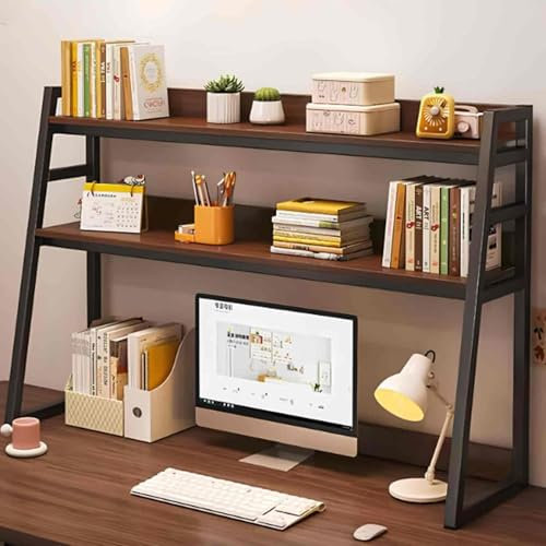 Ladder Bookcase For Computer Desk, 2-Tier 3-Tier Dorm Room Desk Hutch Desktop Bookshelf Organizer Countertop Display Storage Rack For Home Office Dorm(Dark walnut+3 layers)