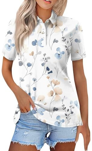 DIYIOUZHOU Short Sleeve T Shirts for Women UK My Orders Placed 2025 Trendy Polo Shirts for Women UK Casual Golf Button Short Sleeve Floral Print Lapel Top Cozy Lady Golf Tops 01-White M