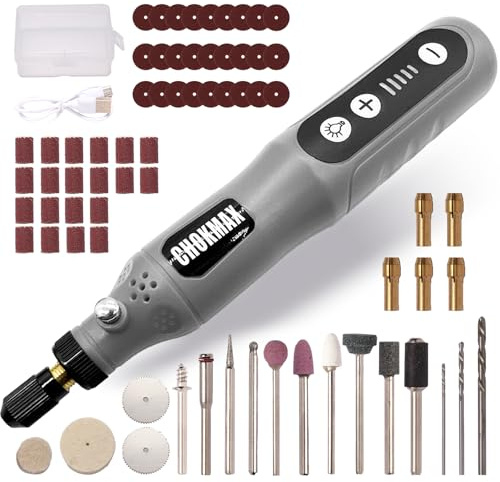 CHOKMAX Mini Kabelloses Drehwerkzeug, 5-Gang-Schleifer-Kit mit 72 Zubehörteilen und Front-LED-Licht, Typ-C-Ladekunsthandwerkswerkzeug zum Gravieren, Schleifen, Polieren, Bohren, Grau